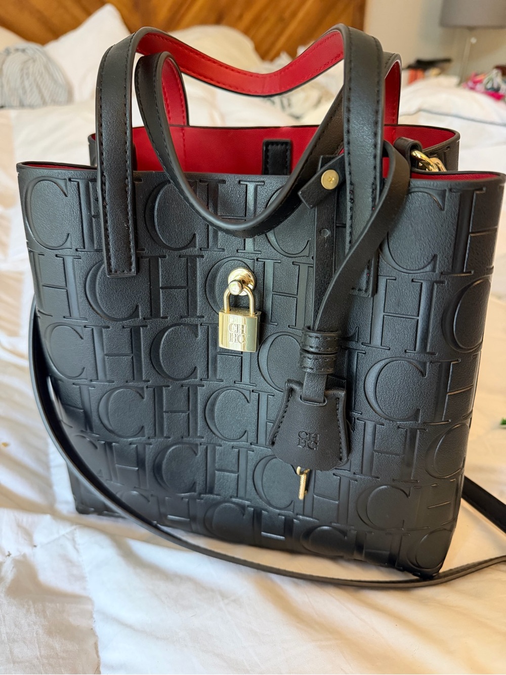 Black Embossed CH Tote with Red Interior and Gold Hardware